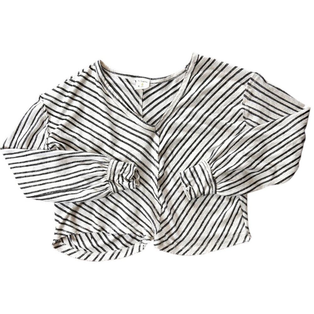 By Together V-Neck Asymmetrical Hem Cinched Wrist Black & White Striped Top S